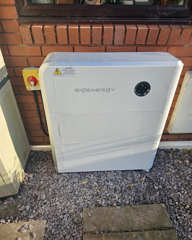 SigenStor battery storage unit installed on a wall, Carmarthenshire